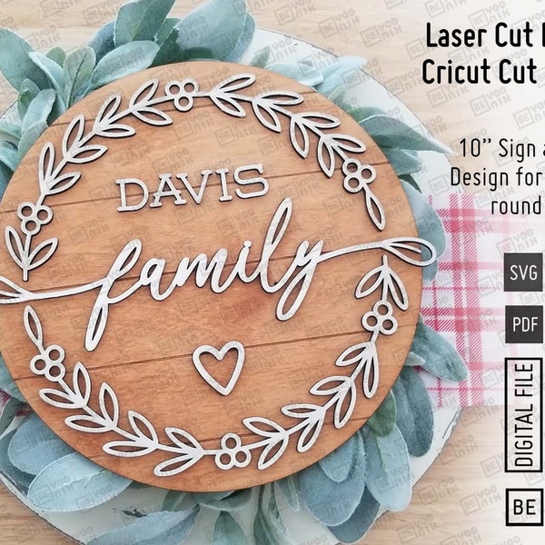 Family wreath sign in SVG and PDF, Add a Personalized family name, Family sign Glowforge files, Round sign, 10" sign, Christmas family sign