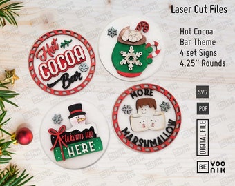 Tabliczki z napisem Hot Cocoa Bar, 4 okrągłe, rozmiar 4,25 cala, pliki wycinane laserowo w formacie SVG i PDF, zestaw wymiennych wkładek, wycinane laserowo napisy Hot Chocolate w formacie SVG