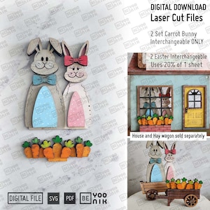 Dodaj zestaw Interchangeable Carrot Bunny Theme 2 TYLKO pliki wycinane laserowo w SVG i PDF dla domów i wozów z sianem. Wielkanocny wystrój domu