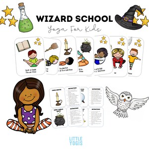 May include: A collection of illustrated yoga cards for kids with a wizard theme. The cards feature various yoga poses with accompanying illustrations and text. The image includes a witch's hat, stars, and a potion bottle.