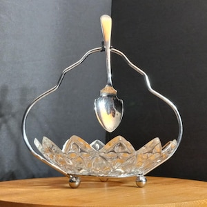 Vintage Federal Glass Petal Jelly Dish with Sheffield Spoon