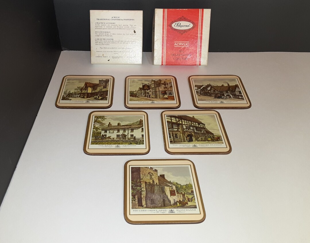 Vintage Pimpernel Acrylic & Cork Coasters 6 English Inns 1960s Etsy