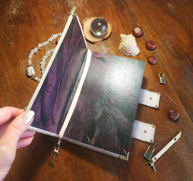 May include: A purple and black leather-bound journal with a decorative clasp and key. The journal is open to reveal blank pages.
