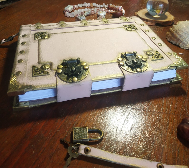 May include: A pink leather-bound journal with ornate brass accents and clasps. The journal has a white interior and is closed. A small padlock is visible in the foreground.