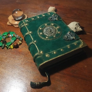 Green and gold leather book leather aged grimoire vintage emerald green journal personal notebook leather book of shadows green antique book