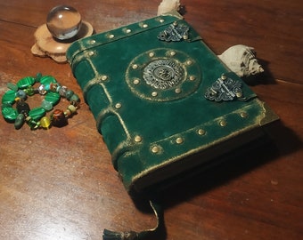 Green and gold leather aged book leather antique grimoire vintage emerald green journal personal notebook leather book of shadows