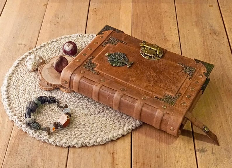 Engraved Rusty Brown Leather Journal with Antique Lock – Handmade Vintage Grimoire Book of Shadows