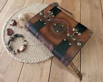 Rusty brown aged leather journal vintage grimoire  antique book of shadows handmade genuine leather blank journal  personal leather diary