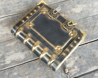 Black Leather Journal with Double Locks – Handmade Vintage Grimoire Book of Shadows Notebook