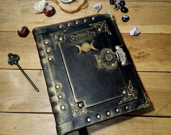 Triple Moon Goddess Leather Journal: Black Refillable Grimoire Journal, Wicca Spellbook, Handmade Leather Diary