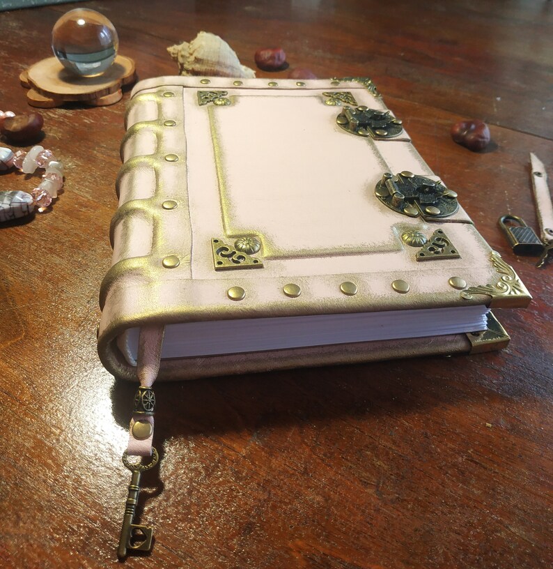 May include: A pink leather-bound journal with gold accents and a key attached to a strap. The journal has ornate metal clasps and decorative details.