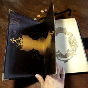 Puede incluir: Un diario encuadernado en cuero negro con detalles dorados y dise&ntilde;os intrincados. El diario est&aacute; abierto para revelar una p&aacute;gina en blanco con un borde decorativo.