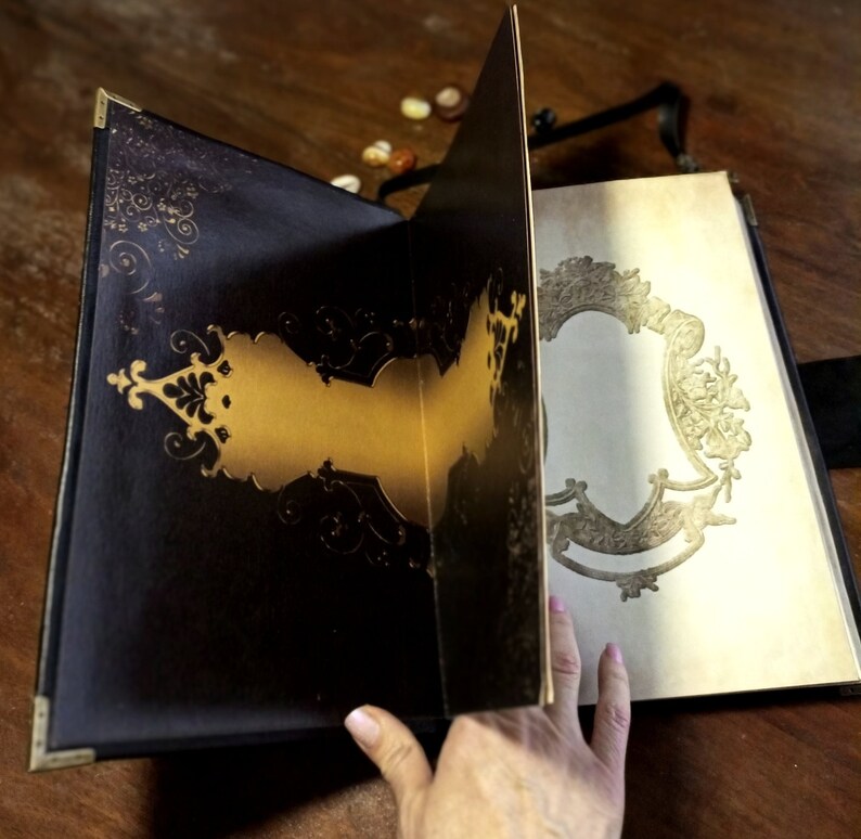 Puede incluir: Un diario encuadernado en cuero negro con detalles dorados y dise&ntilde;os intrincados. El diario est&aacute; abierto para revelar una p&aacute;gina en blanco con un borde decorativo.