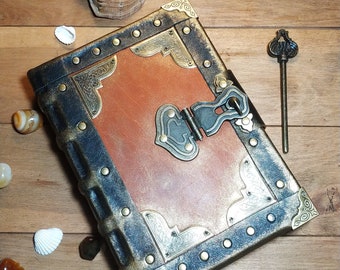 Aged black rusty leather grimoire old book of shadows vintage black journal with aged papershandmade genuine leather book mideaval grimoire