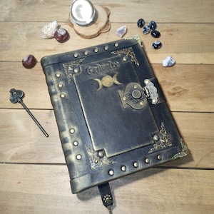 Tirple Moon Goddess Journal Black refillable binder leather grimoire Wicca sketchbook handmade aged leather journal original daily planner