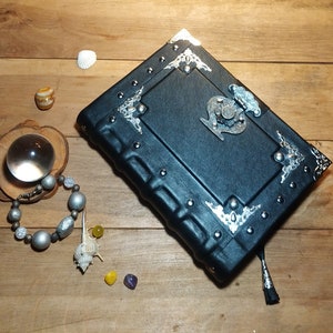 Leather journal of black color handmade leather grimoire personal notebook vintage book genuine leather aged book of shadows gift for her