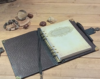 Black refillable binder leather grimoire traveller sketchbook handmade aged leather journal original daily planner personal leather diary