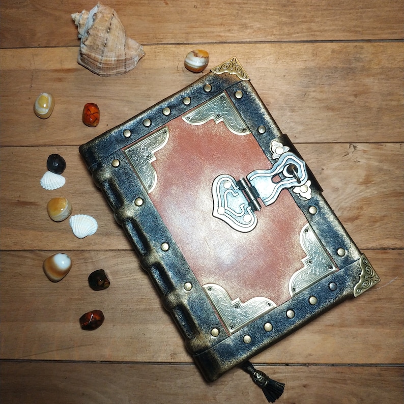 May include: A brown leather-bound journal with a metal clasp and decorative accents. The journal has a distressed look and is adorned with gold and silver embellishments.