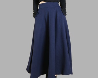 Wool Maxi Skirt: Dark Blue High Waist Vintage Style