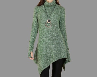 Asymmetrical High Neck Pullover Sweater with Thumbholes