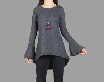 Flare sleeve top, pullover sweater, Knits tunic tops, Asymmetrical Tunic Dress, crew neck sweatshirt, Knit Jumper(Y1086)