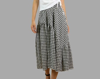 Plaid skirt, elastic waist skirt, high waist skirt, midi skirt, flared skirt, checkered skirt(Q1060)