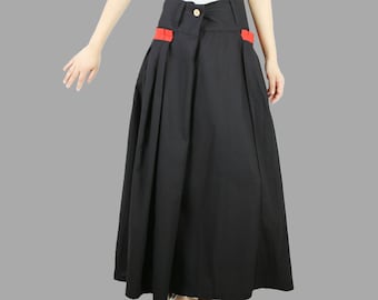 Maxi Linen Skirt: Pleated Flared Skirt with Pockets