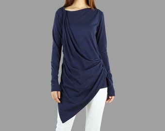 Asymmetrical Cotton Tunic Top: Long Sleeve Draped Shirt