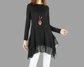 Long sleeve t-shirt, cotton and chiffon tunic top, yoga t-shirt, black T-shirt, tunic tops for Leggings(Y1038)