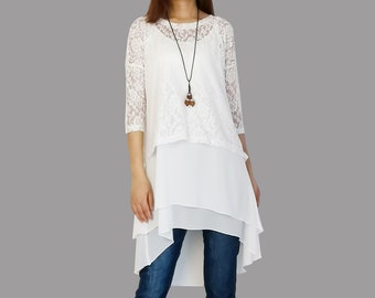Lace Tunic Top: 3/4 Sleeve Chiffon Layered Dress