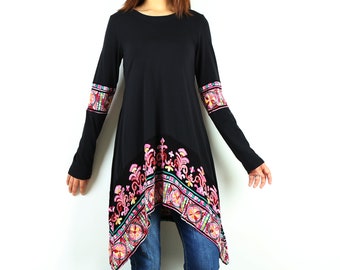 Embroidered dress for women, boho tunic dress, bohemian dress, plus size tunic top, oversize long t-shirt(Y1027)