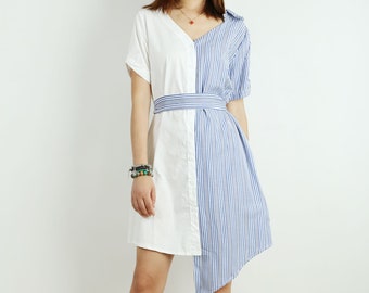 Shirt dress women, blouse women, short sleeve shirt, stripe shirt dress, oversized dress, maternity dress, shirt with buttons(Q1020)