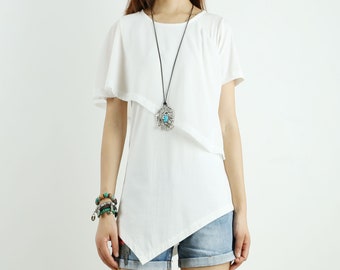 Asymmetrical Cotton Chiffon Top: Layered Short Sleeve T-Shirt