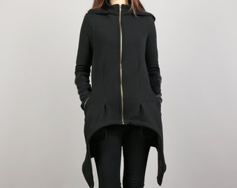Jacket for women, jacket with hood, Women cotton jacket, Asymmetric jacket, Black Hooded Coat, Thumb Holes, Extravagant Unique coat(Y1180)