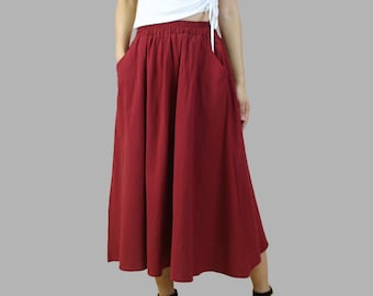 Boho linen skirt with pockets, Elastic waist skirt, Midi linen skirt,high waist skirt, flared skirt(Q1062)