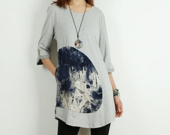 3/4 sleeve tunic dress, cotton tunic top, printed t-shirt, oversize top, customized clothing, asymmetrical top (Y1015)