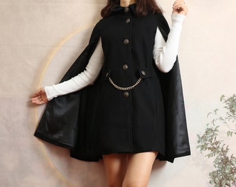 Cape coat, Wool Coat women, black coat, Wool Jacket, Winter Coat, Trench Coat, Handmade Coat(Y1109)