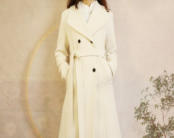 Wool coat, long coat, white coat, warm coat, winter coat, oversized coat, coat with fur collar, coat with belt (Y2368)