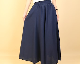 Linen Maxi Skirt: High Waist Flared Skirt with Pockets
