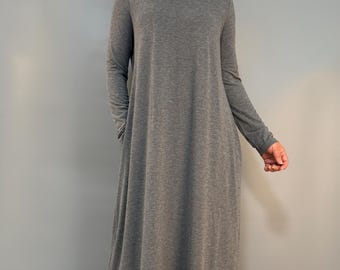 Gray Cotton Blend Long Sleeve Dress: Oversized Crew Neck