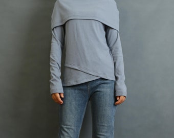 Ribbed Poncho Neck Cotton Blend Sweater: Asymmetrical Long Sleeve Top
