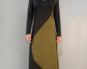 Cotton Patchwork Dress, Long Sleeve, V-neck A-line