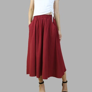 Boho Linen Midi Skirt with Pockets - Elastic Waist Flared Skirt