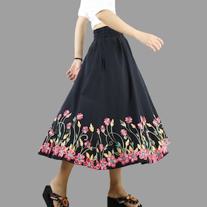 Cotton skirt, embroidery skirt, high waist skirt, midi skirt, elastic waist skirt, custom made, skirt with pockets (Q1035)
