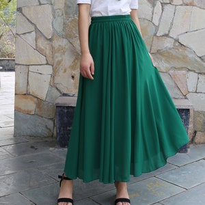 Women&#39;s chiffon skirt, maxi skirt, elastic waist skirt, long skirt, summer skirt, A-line skirt, customized summer dark blue skirt(Q2028)