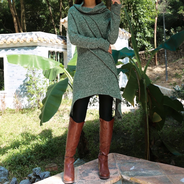 Cowl Neck Tunic Sweater Dress: Asymmetrical Hem, Thumb Holes