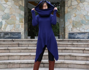 Asymmetrical Cotton Knit Tunic Top: Shawl Collar Oversized Sweatshirt