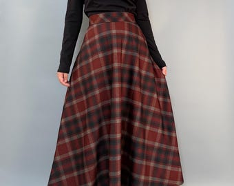Wool Blend Plaid Maxi Skirt: Custom Length, High Waist
