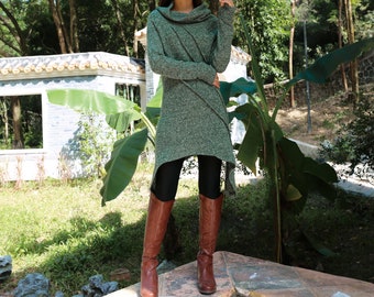 Cowl Neck Tunic Sweater Dress: Asymmetrical Hem, Thumb Holes