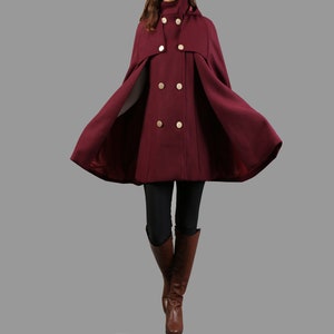 Cape coat with hood, wool poncho jacket, high neck coat, wool cloak coat, wool shawl winter coat, vintage cape(Y1108)